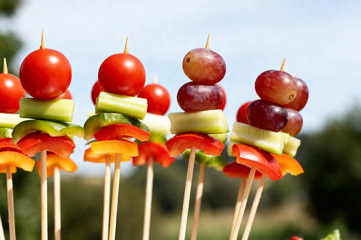 Mini brochettes apéritives sans cuisson avec légumes frais, tomates cerise, concombre, raisin et poivron