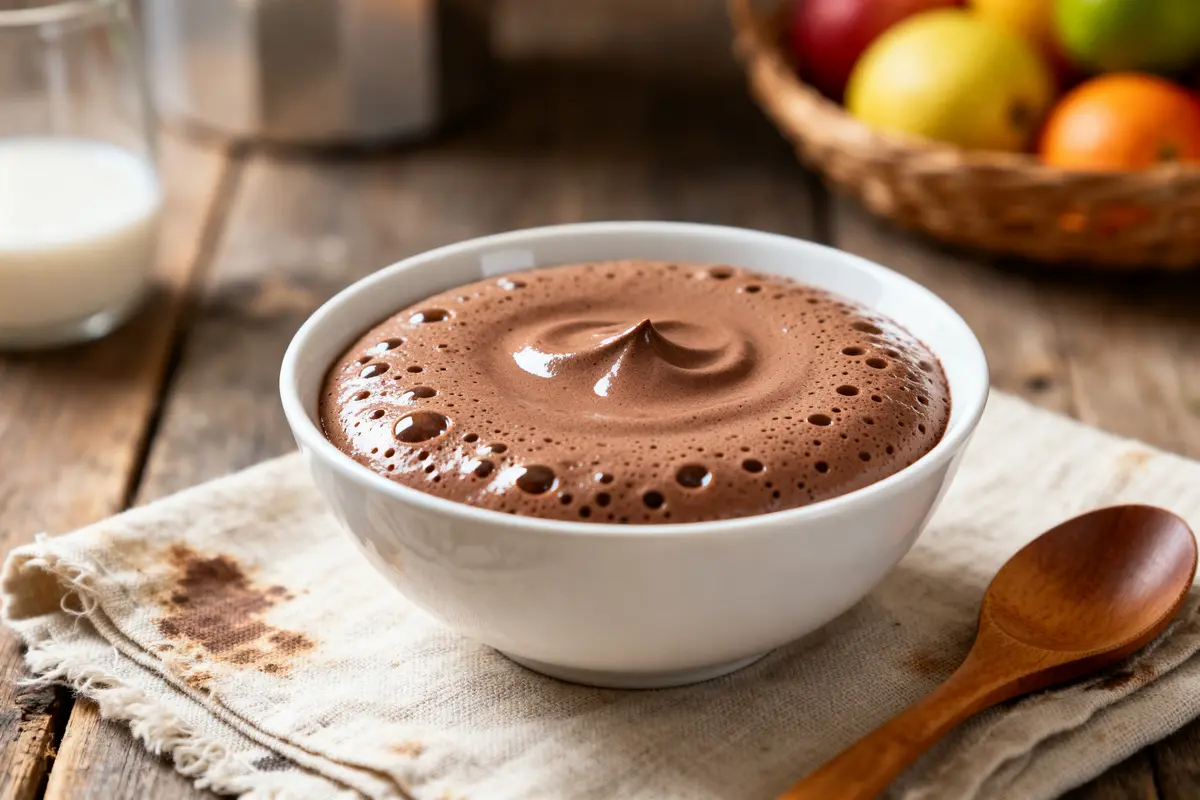 Bol de mousse au chocolat légère et aérienne sur nappe en lin avec cuillère en bois
