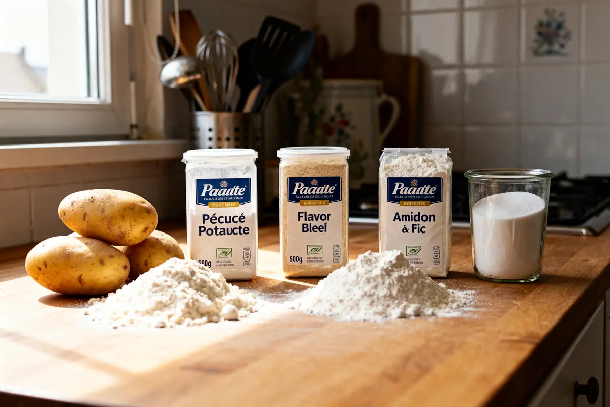 Pots de farine et pommes de terre sur une table par quoi remplacer la Maïzena