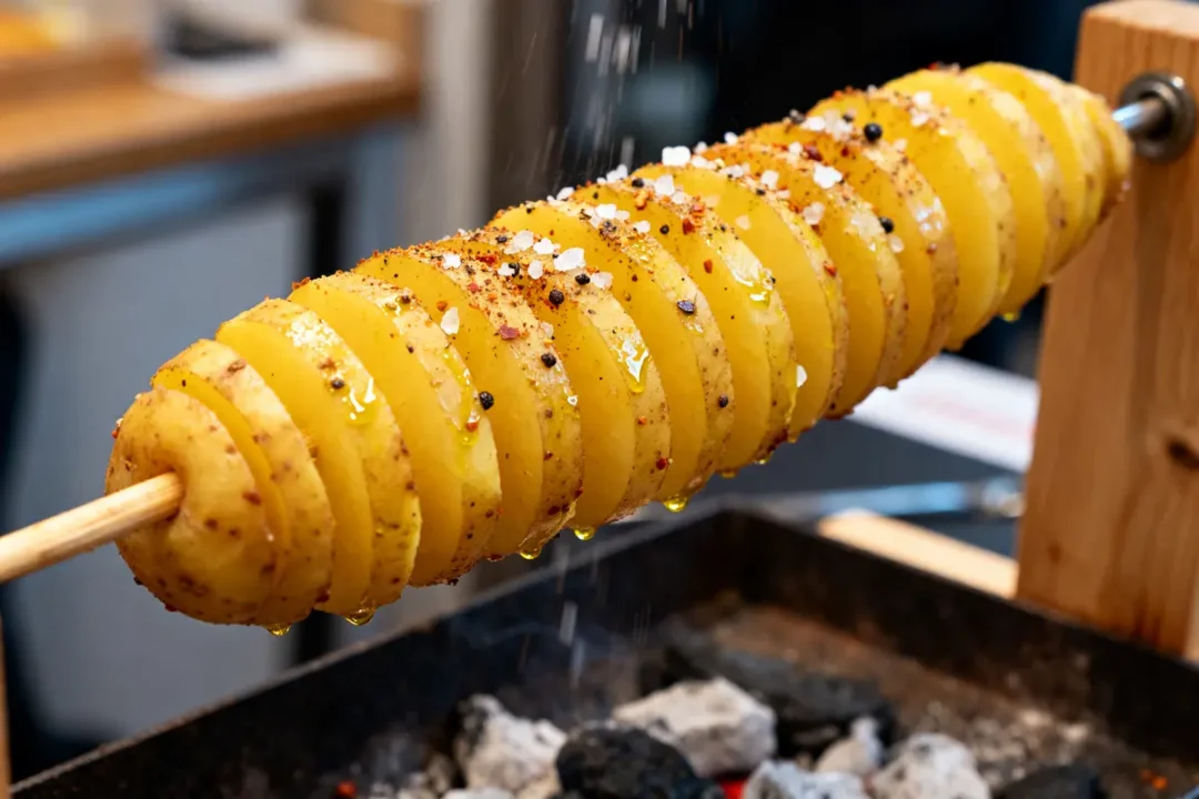 Pommes de terre spiralées grillées sur bâtonnet assaisonnées de sel et épices
