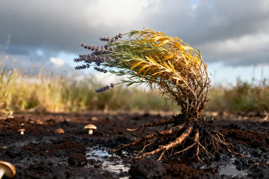 Plante rabattue par le vent, racines visibles sur terre humide quelle plante n'aime pas le marc de café