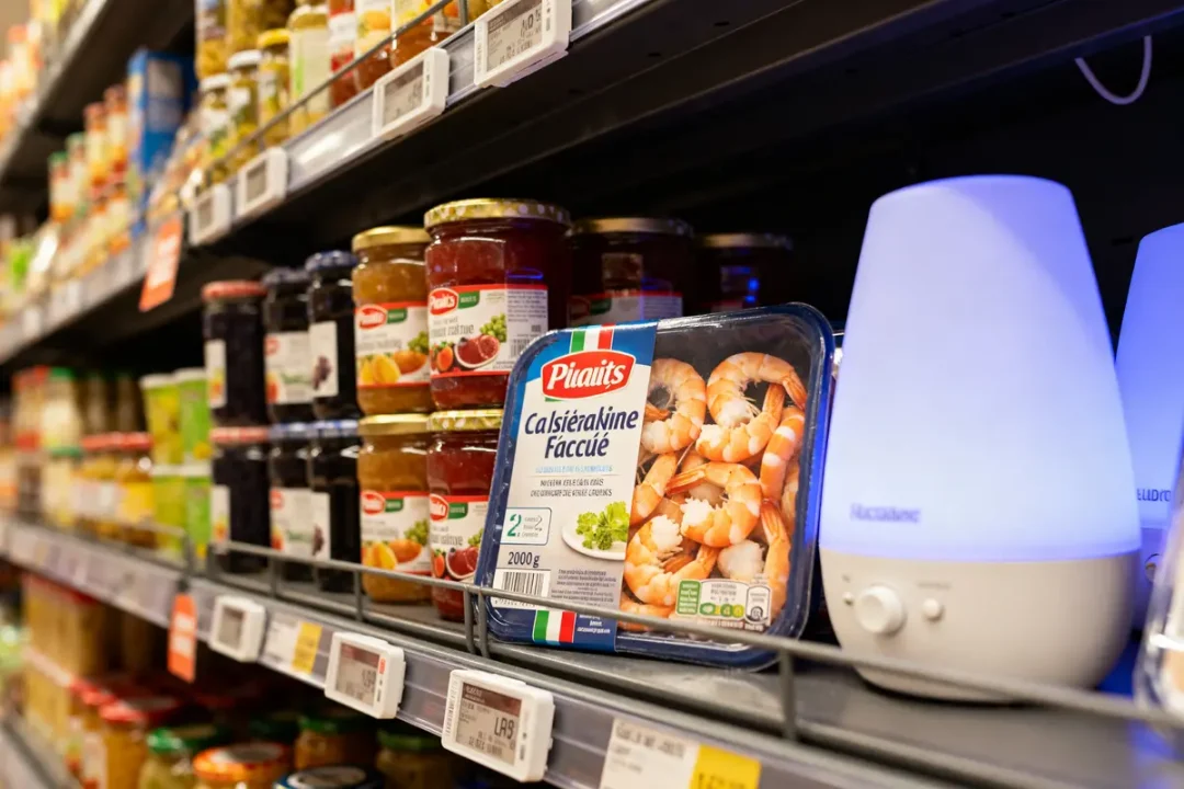 Paquet de crevettes et bocaux en rayon rappel de produit chez Leclerc épicerie.