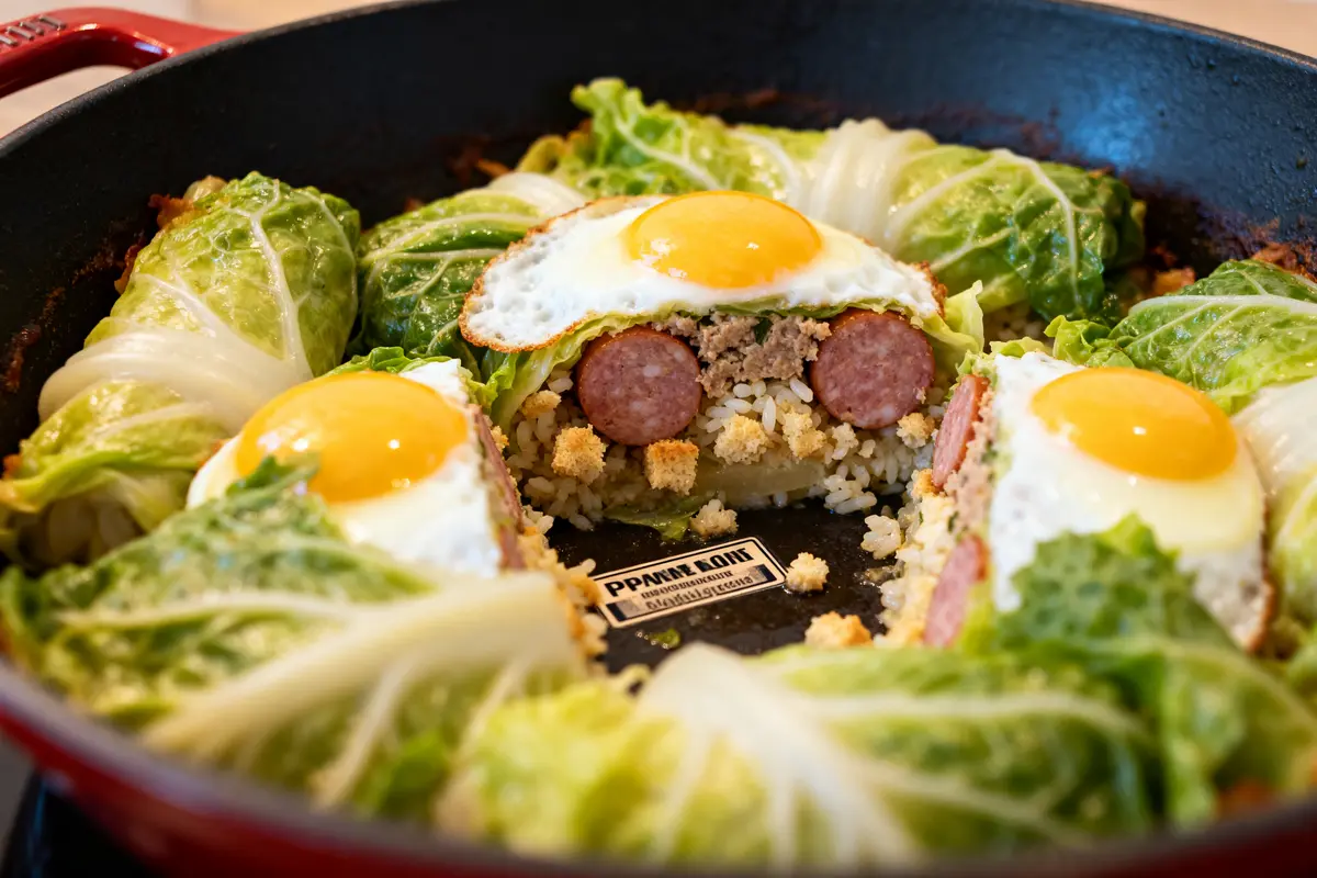 Plat de choux farcis au riz, saucisse et oeuf, recette de chou farci rapide