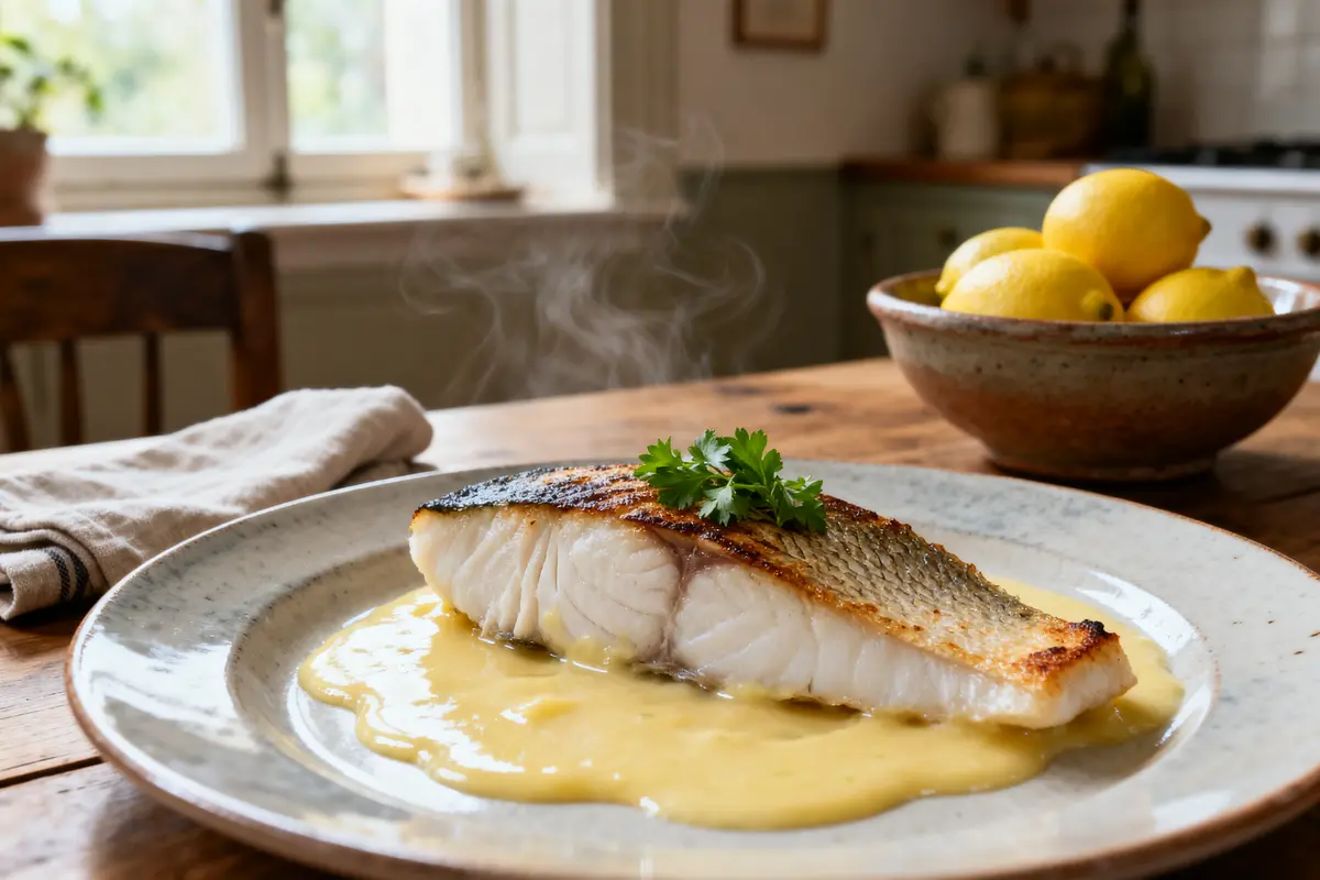 Filet de poisson poêlé sur sauce crémeuse, recette de poisson en sauce savoureuse.