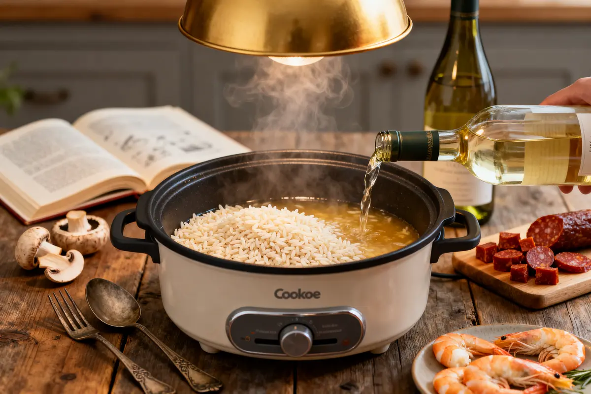 Cuisson de la recette de risotto au Cookeo avec du vin blanc et ingrédients variés