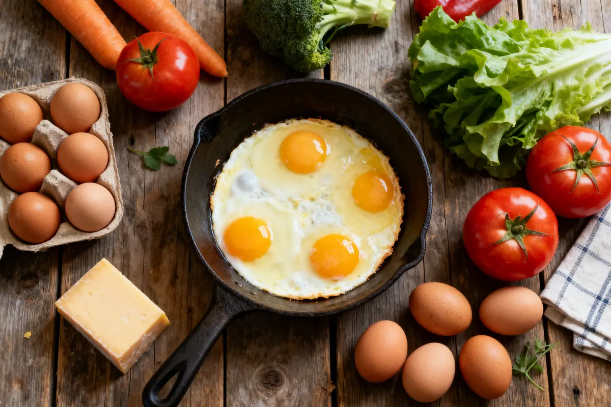Poêle avec œufs frits entourée d'ingrédients frais pour recette pour écouler des oeufs entiers