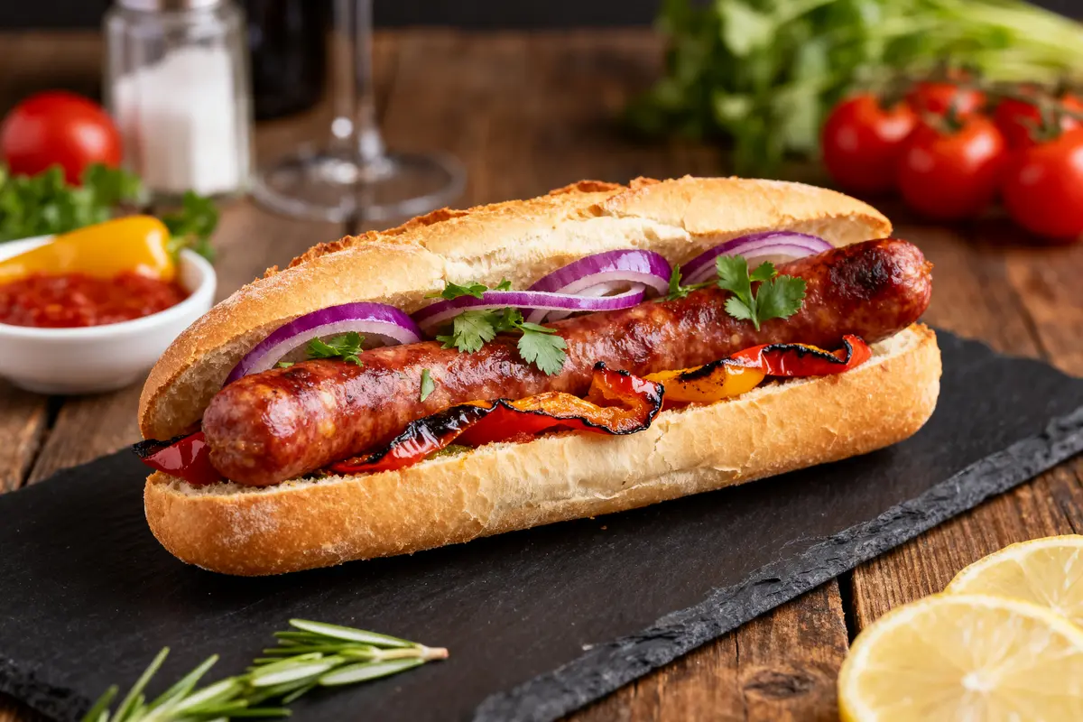 Sandwich merguez avec oignons rouges, poivrons grillés et coriandre sur planche en ardoise