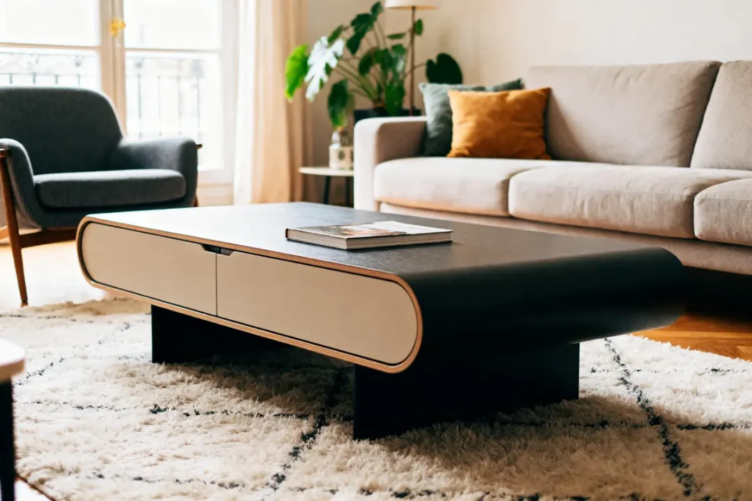 Salon moderne avec table basse design Made in Design sur tapis moelleux et canapé beige