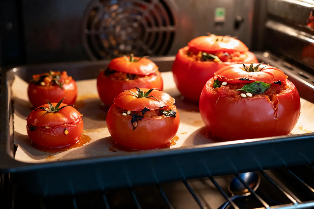 Tomates farcies au four à chaleur tournante sur plaque pour temps de cuisson idéal