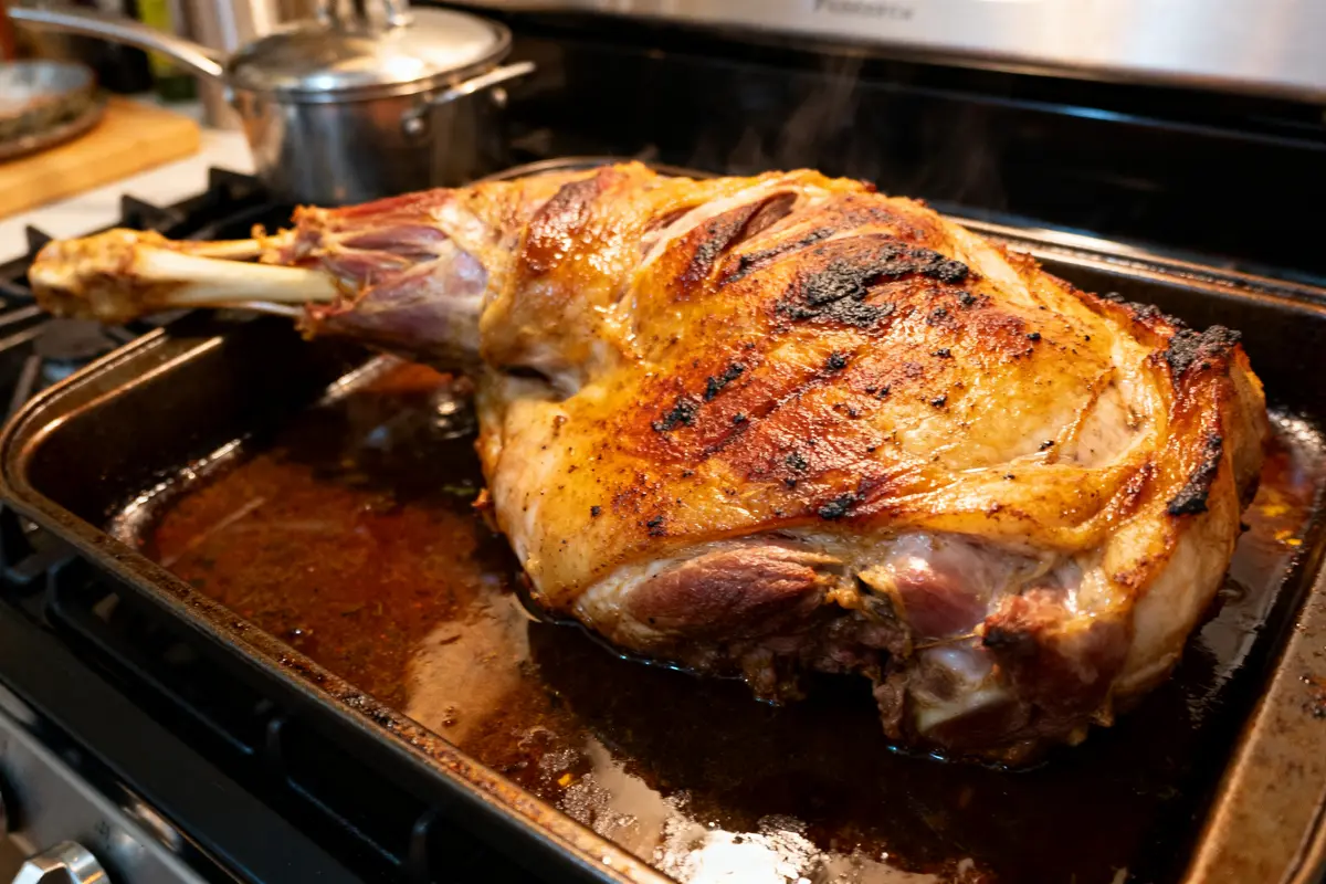 Gigot d'agneau rôti dans four, illustrant le temps de cuisson d'un gigot d'agneau au four chaleur tournante