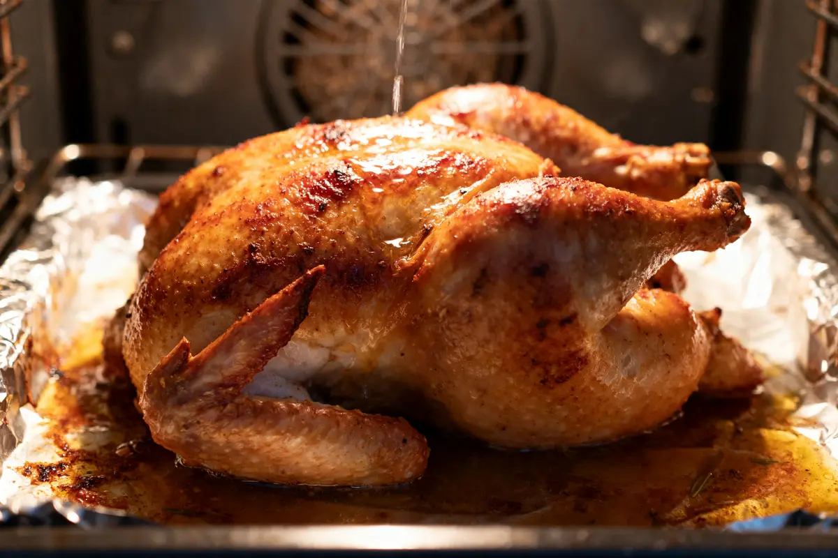 Poulet rôti au four, illustrant le temps de cuisson d'un poulet au four de 2 kg