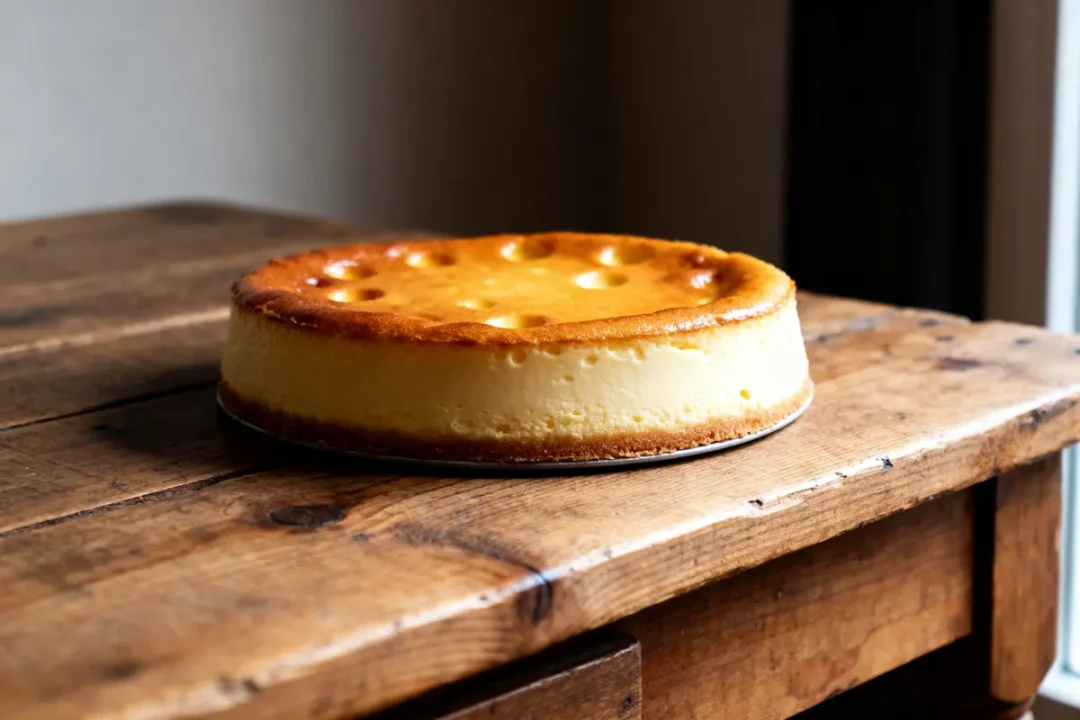 Gâteau artisanal sur table en bois représentant un véritable far breton nature moelleux et doré
