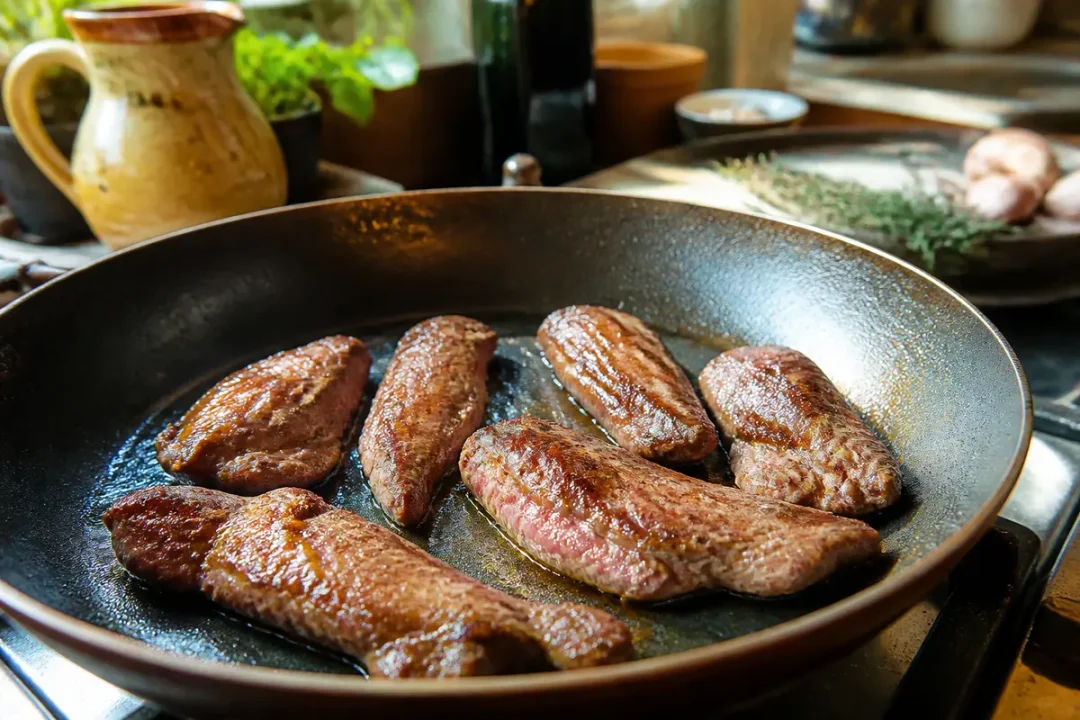 Aiguillettes de canard à la poêle dorées dans une cuisine rustique lumineuse