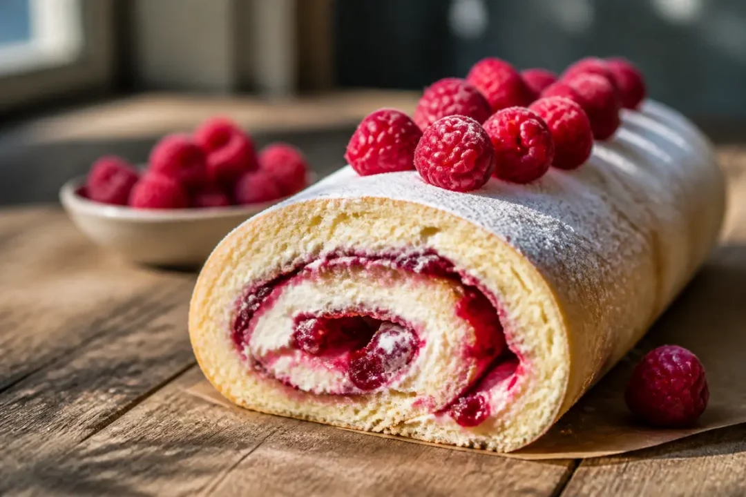 Gâteau roulé sur table en bois, décoré de framboises, bûche roulée à la framboise.