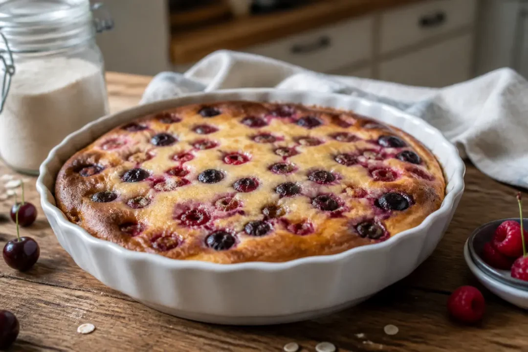 Clafoutis healthy aux framboises et cerises dans un plat sur une table en bois