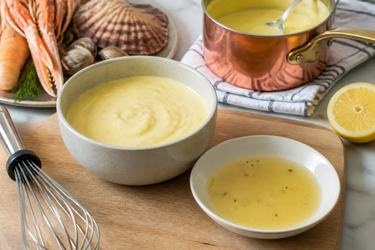 Sauces accompagnant fruits de mer, notamment la sauce pour poisson, avec citron et fouet.